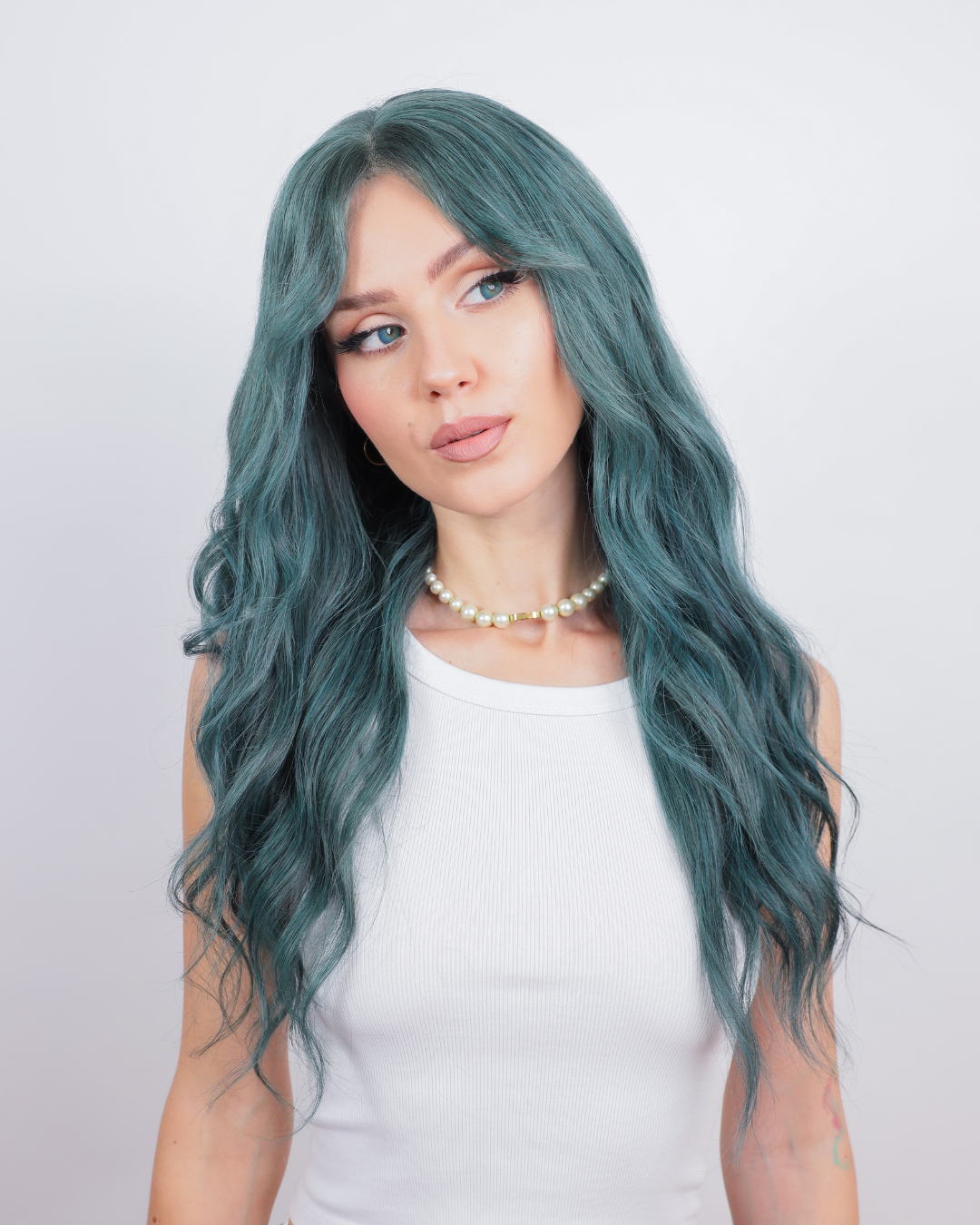 Ivy League Green Human Hair Wig with Bangs