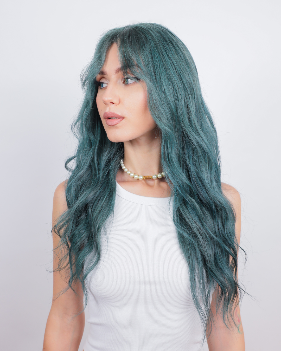 Ivy League Green Human Hair Wig with Bangs