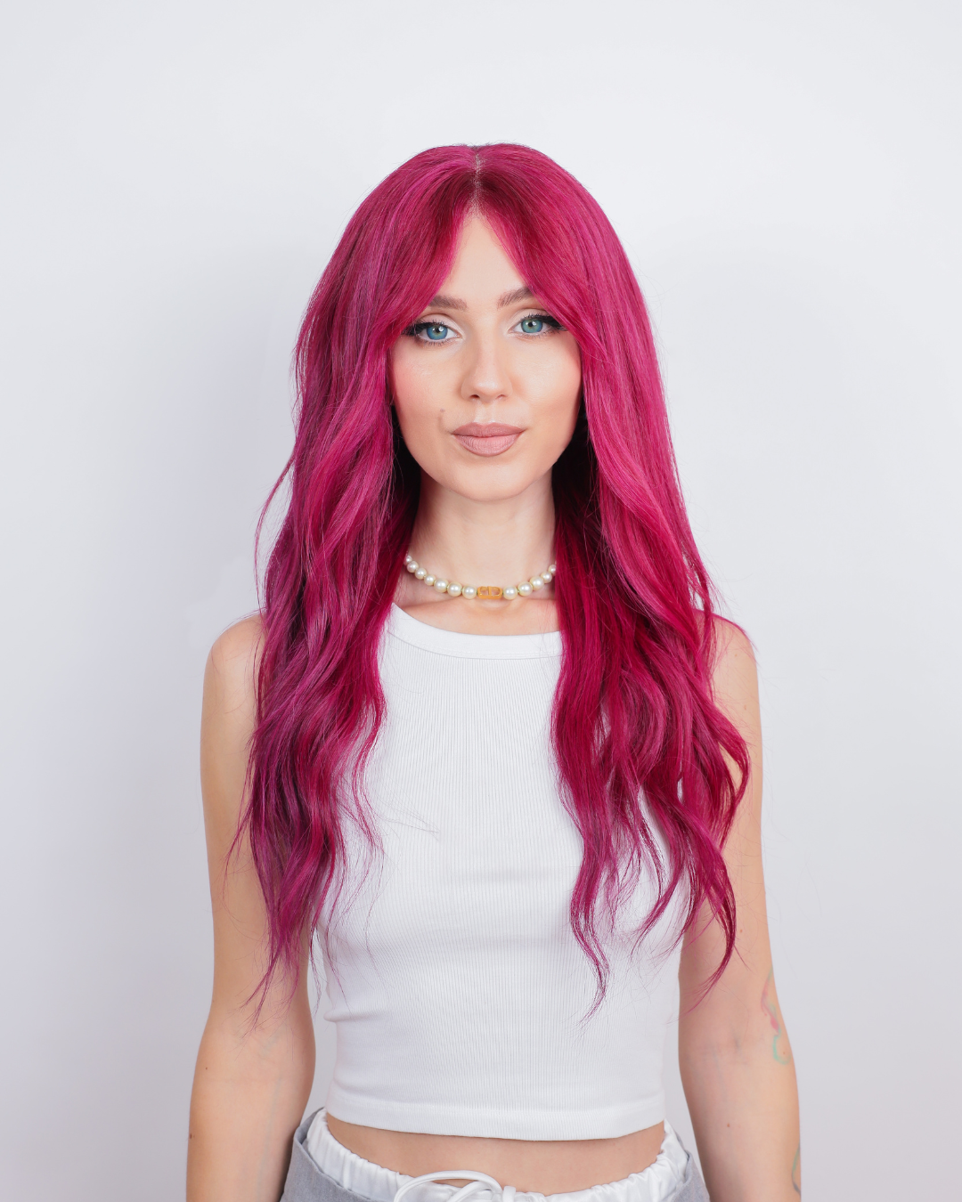 High Impact Pink Human Hair Wig with Bangs